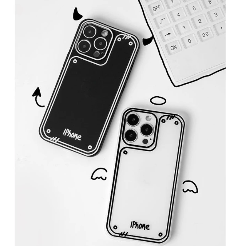 Two-dimensional Line Comic Case For iPhone 16 15 Frosted Translucent iPhone14 Plus 13 12 11 Pro Max XS XR 2D Silicone Case Cover