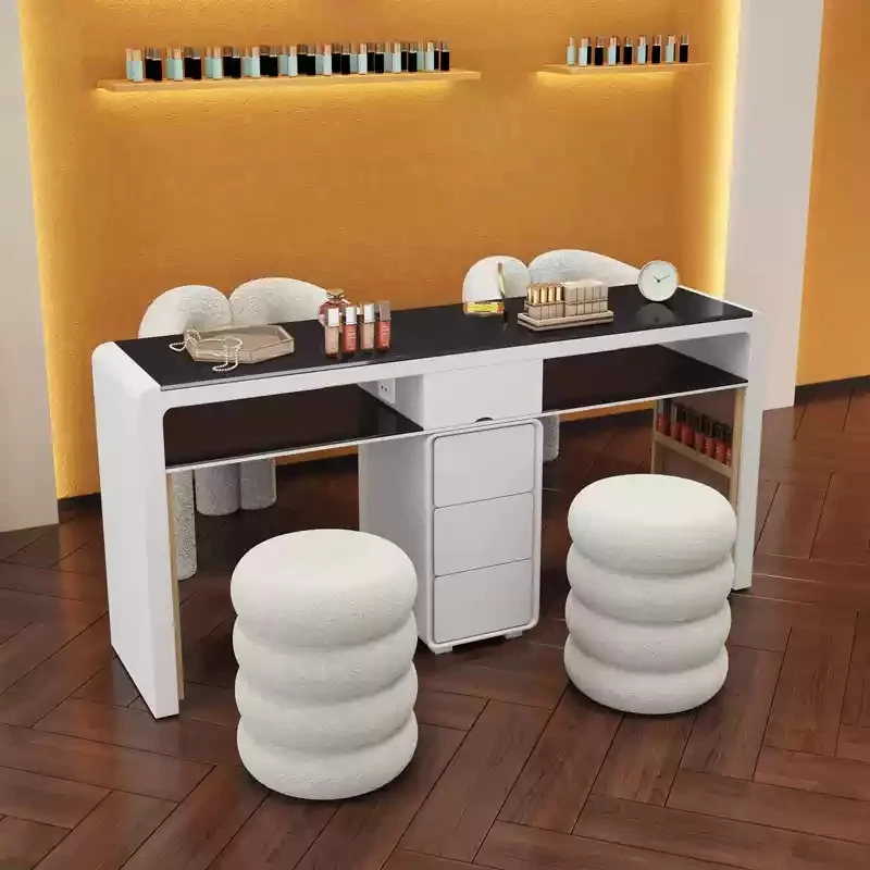 * Nail Table Chair Set White Beauty Salon Furniture with Baking Light LED Makeup Station Wood Metal Manicure Table