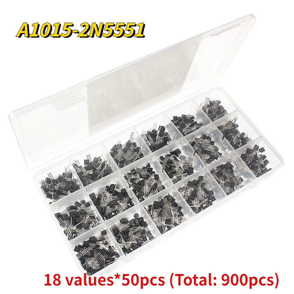 

900pcs 18 Types Transistor Kit C945 C1815 S8050 S8550 S9014 S9015 SS8050 2N2222 2N3904 2N5551 PNP NPN TO-92 Triode Transistors