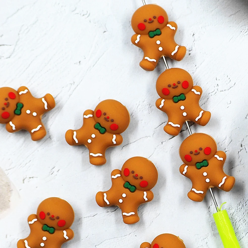 Chenkai 50PCS 3D Gingerbread Silicone Focal Beads For Beadable Pen Christmas Silicone Charms for Pen Keychain Making Characters