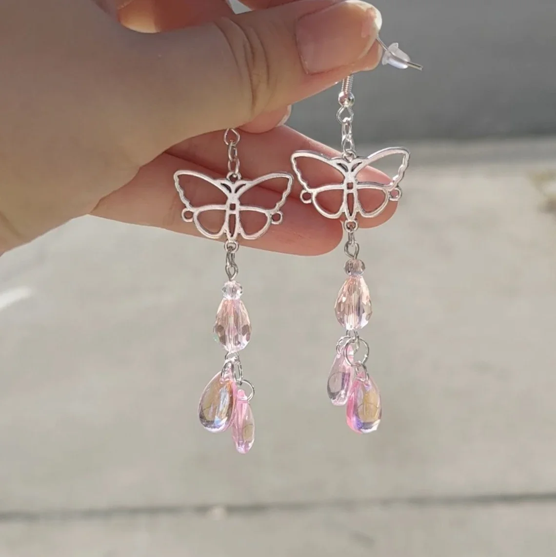 Dreamy fairycore pink teardrop earrings, magical, ethereal, fairy, butterfly, crystal