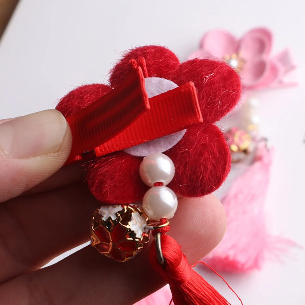 

1Pair Kids Flower Hair Clips Chinese Style Tassel Bell Duckbill Clips Pink Children Hair Accessories for Dress-Up Party Daily