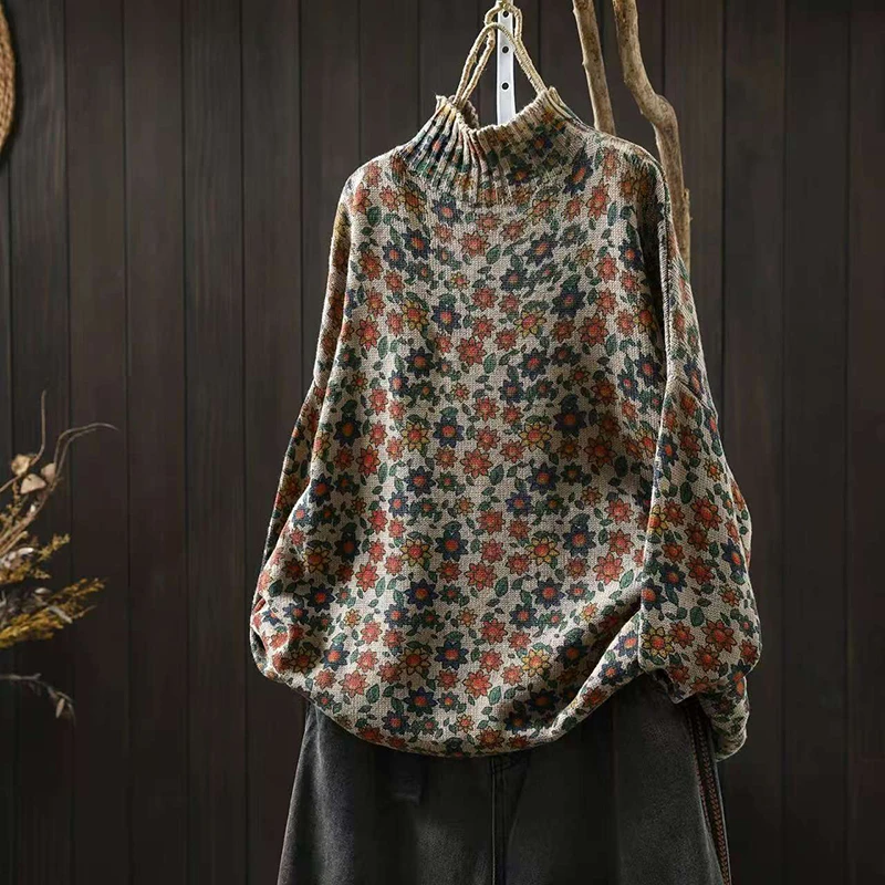 

Женский повседневный свитер с длинным рукавом, новинка 2025, осень, винтажный стиль, женские вязаные пуловеры с полувысоким воротником и цветочным узором M2021