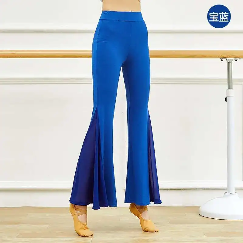 Outono feminino calças de dança latina traje de dança do ventre adultos emendados chiffon perna larga queimado calças de prática deve ter para dançarinos
