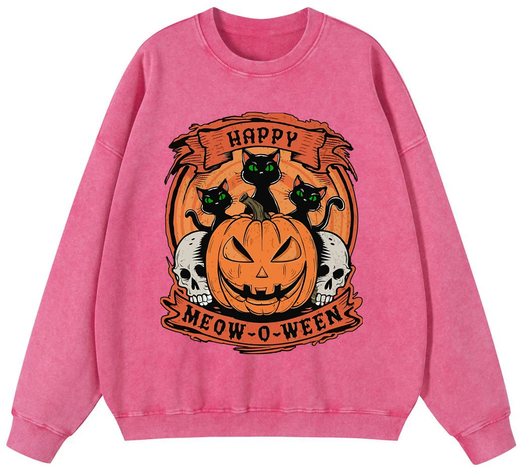 

Happy Meow O Ween Girl Vintage Washed Cotton Sweatshirt Korean High Quality Pullover Street Casual Hoodie Warm Loose