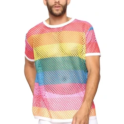 Summer Men's Oversized Grid Round Neck Hollowed Out Casual Breathable Short Sleeved Top for Men