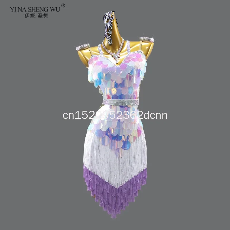 

Latin Dance Dress High-end Custom Sequins With Diamond Strap Two-color Tassel Female Adult Stage Professional Clothing 2026