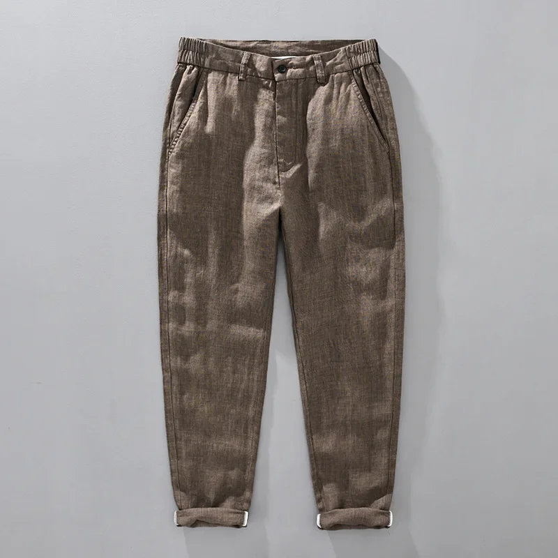 

2023 Men's Linen Pants Spring/Summer Loose Straight Tube Large Half Elastic Waist Vintage Crop Pants