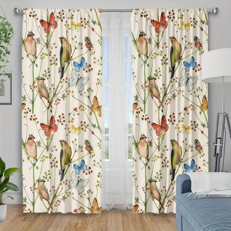 2 PCS Birds Flowers Curtains, Natural Pastoral Style Window Drapes for Living Room Bedroom Home Decor Polyester Rod Pocket