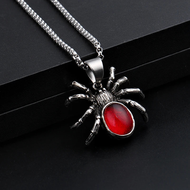 Gothic Red Crystal Cute Spider Pendant Necklaces Punk Rock Retro Insect Animal Choker for Men Boyfriend Gift Party Club Jewelry