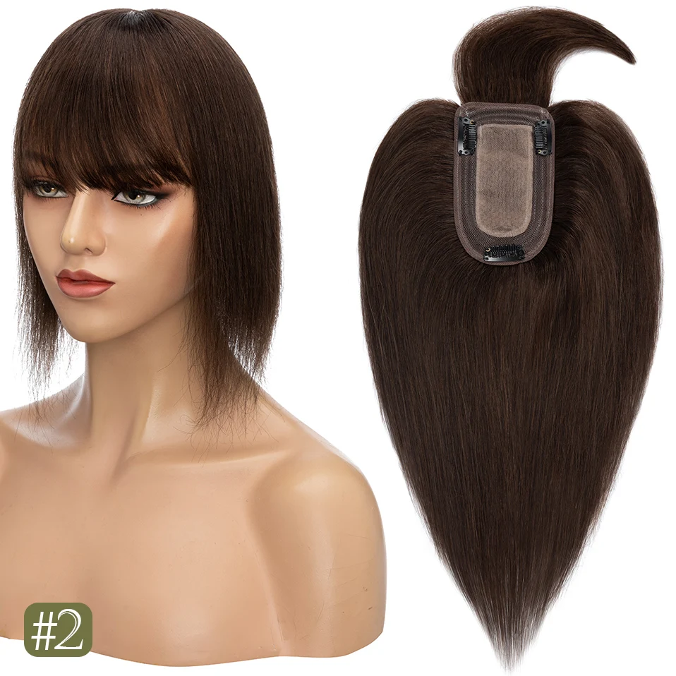 TESS Damen-Topper, 7 x 12,5 cm, Haaraufsätze mit Pony, Naturhaar-Perücke, Echthaar, Seidenbasis, Mittelteil, Haarspange in der Haarverlängerung – Detail 9