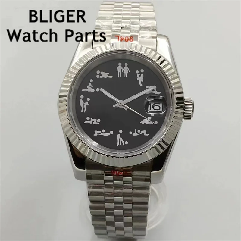 BLIGER 36mm/39mm NH35 Automatic WatchFluted Bezel Sapphier Glass Green Luminous Jubilee and New jubilee stainless steel strap