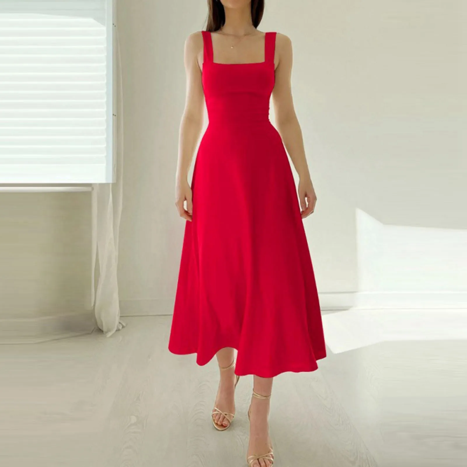 Women's Dress Vintage Sleeveless Solid Square Neck Solid Ruched Summer A-Line Flowy Swing Midi Dress Elegant Party Vestidos