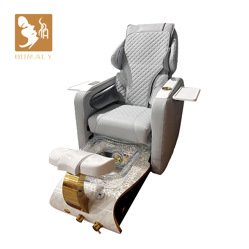 

BOMACY Luxury Spa Foot Therapy Chair Grey 6 Massage Modes Square Glass Basin Detachable Tray Professional Nail Salon Furniture