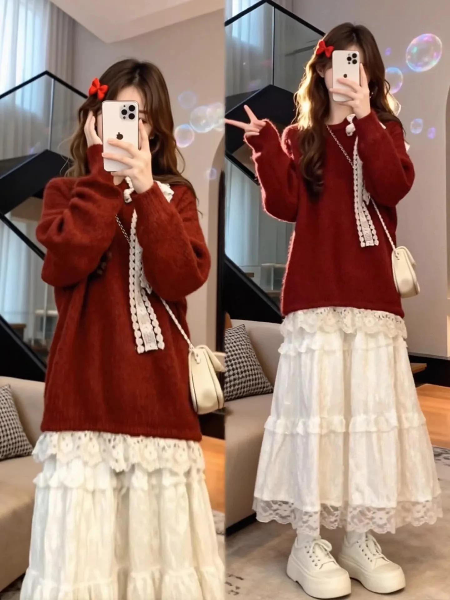 

Winter Faion plus Size Women's Red Knitted Sweater Lace f Skirt New Year's Ensemble Two-Piece Set High Waist Warmth