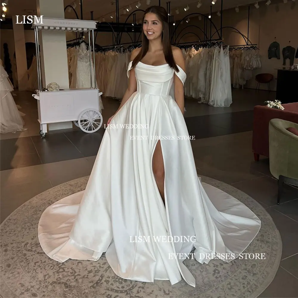 LISM Graceful Off The Shoulder Wedding Dress Saudi Arabia High Split Soft Satin Bridal Gown Court Train Robe De mariage