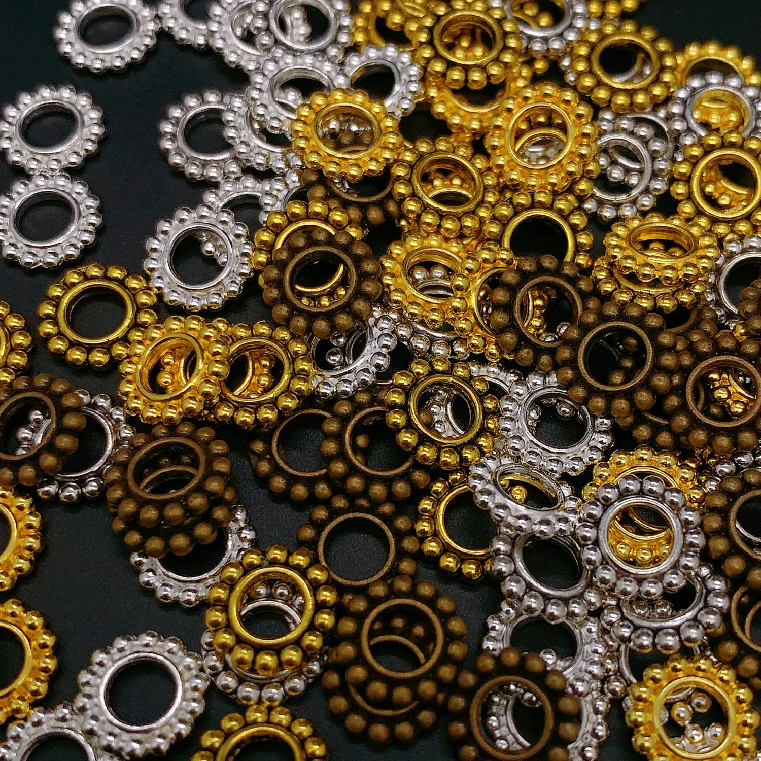 Onebeading 7mm 10mm Fashion Metal Spacer Flower Round Beads DIY Jewelry Making Accessories Hole 2mm  4.5mm 100Pcs 200Pcs K04602