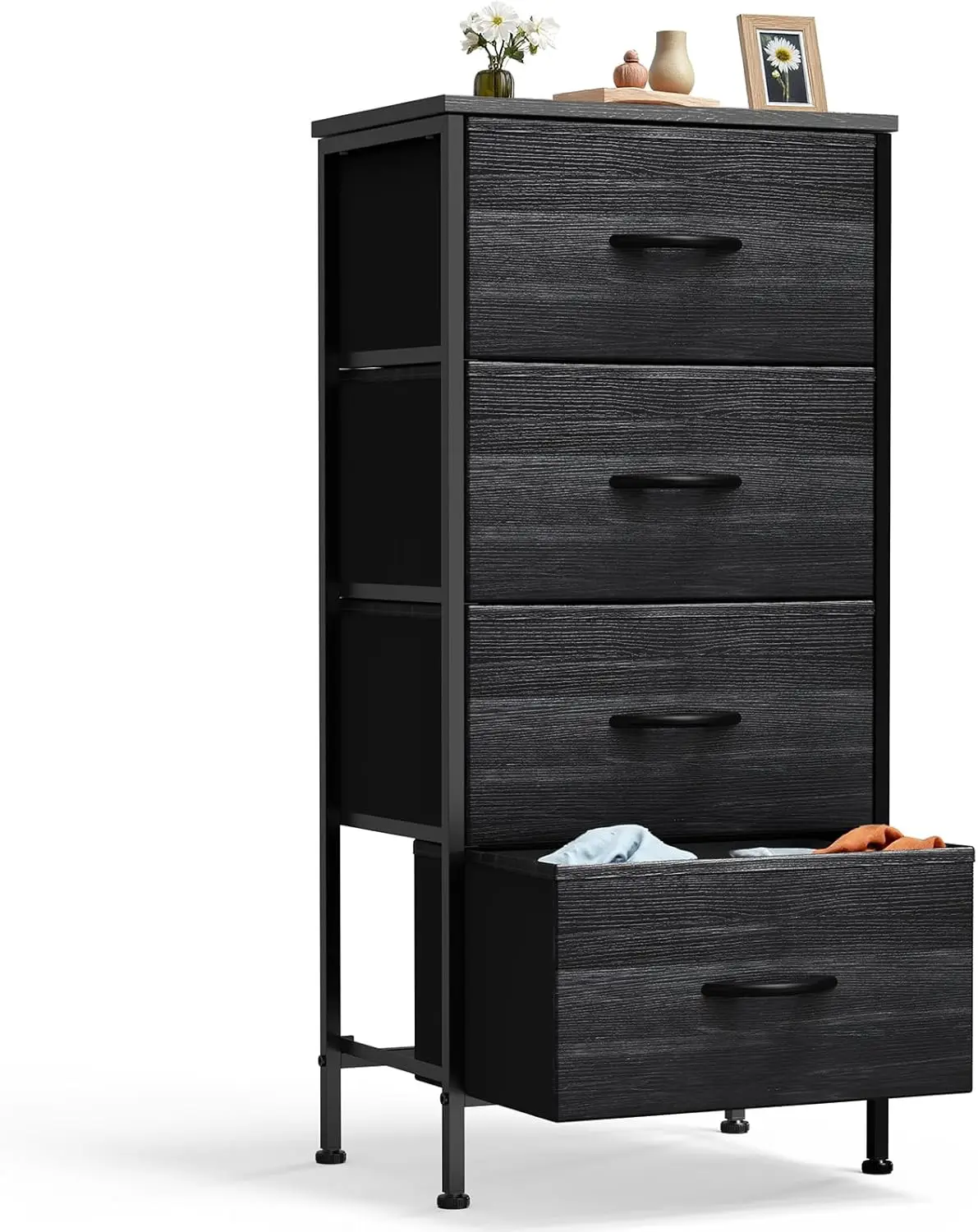 

Nightstand with 4 Drawers Bedside Table with Removable Fabric Bins Sturdy Steel Frame Wood Top Organizer Furniture for Bedroo