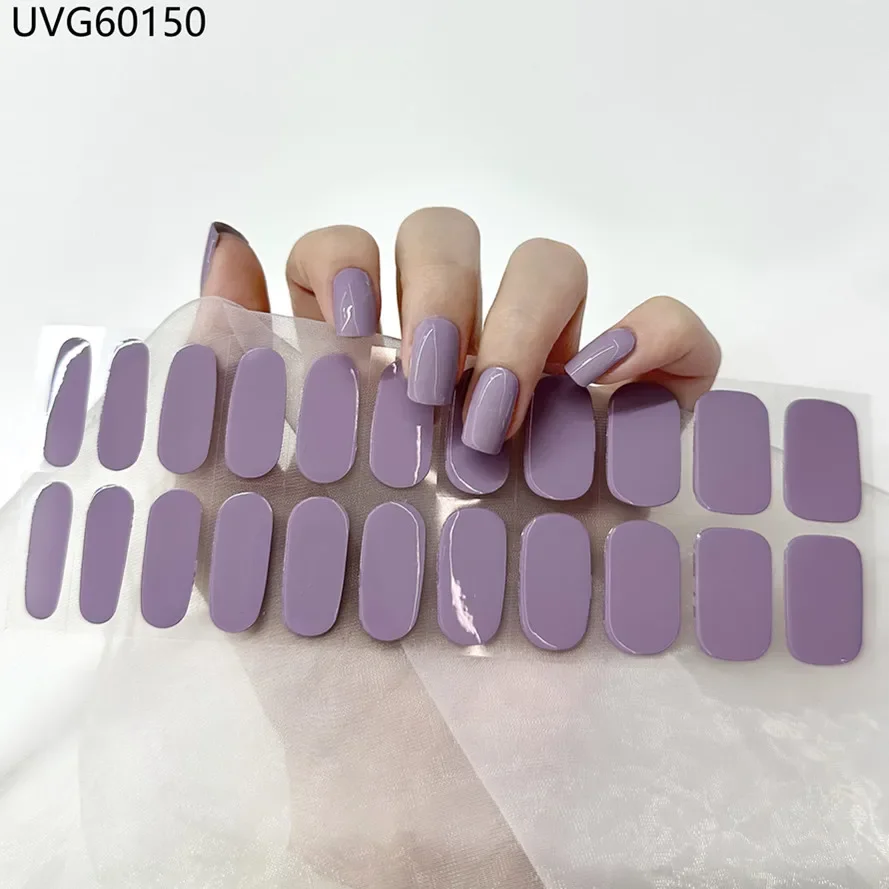 22Tips Solid Color Glitter Manicure Semi-Cured Gel Nail Patch Slider Adhesive Waterproof Full Gel Nail Sticker Harden in UV Lamp