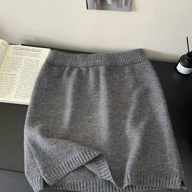 

Vintage Knitted Mini Skirts Women Autumn Winter Elastic Waisted A-line Y2k Skirt Korean Simple Solid Versatile Faldas