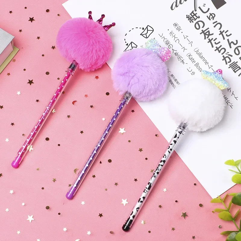 1PCS Creative Stationery Lovely Fur Plush Hair Ball Neutral Pen 0.7MM Black Water Signature Fluffy Creative Gel Pen Gel Pens