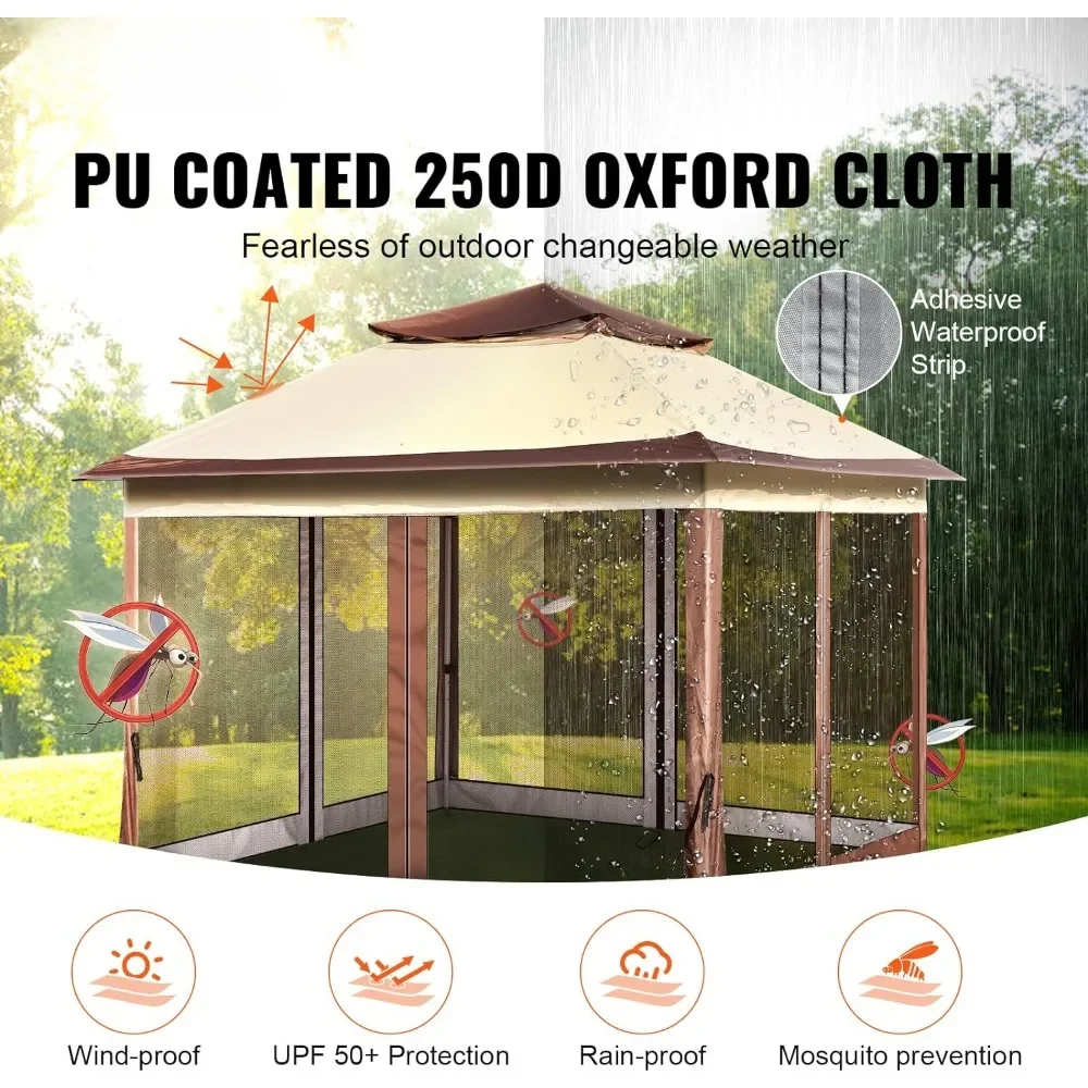 Pop up Gazebo untuk 8-10 orang, dengan jaring nyamuk, bingkai logam & PU dilapisi 250D kain Oxford, kanopi tempat berlindung luar ruangan, cokelat