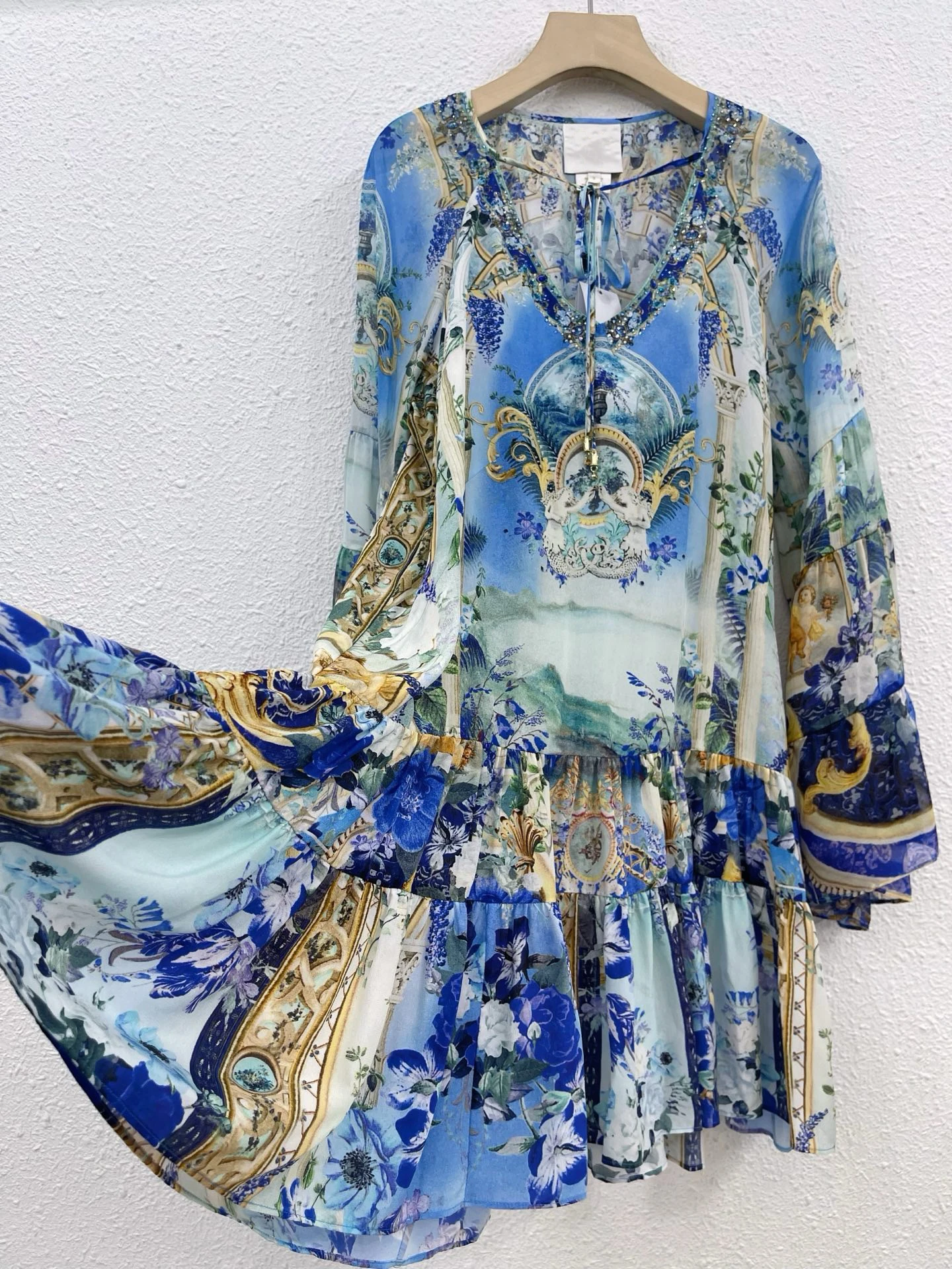 

EVACANDIS 100% натуральный шелк, женское новое роскошное мини-платье с расклешенными рукавами и принтом, богемное бриллиантовое винтажное милое шикарное платье