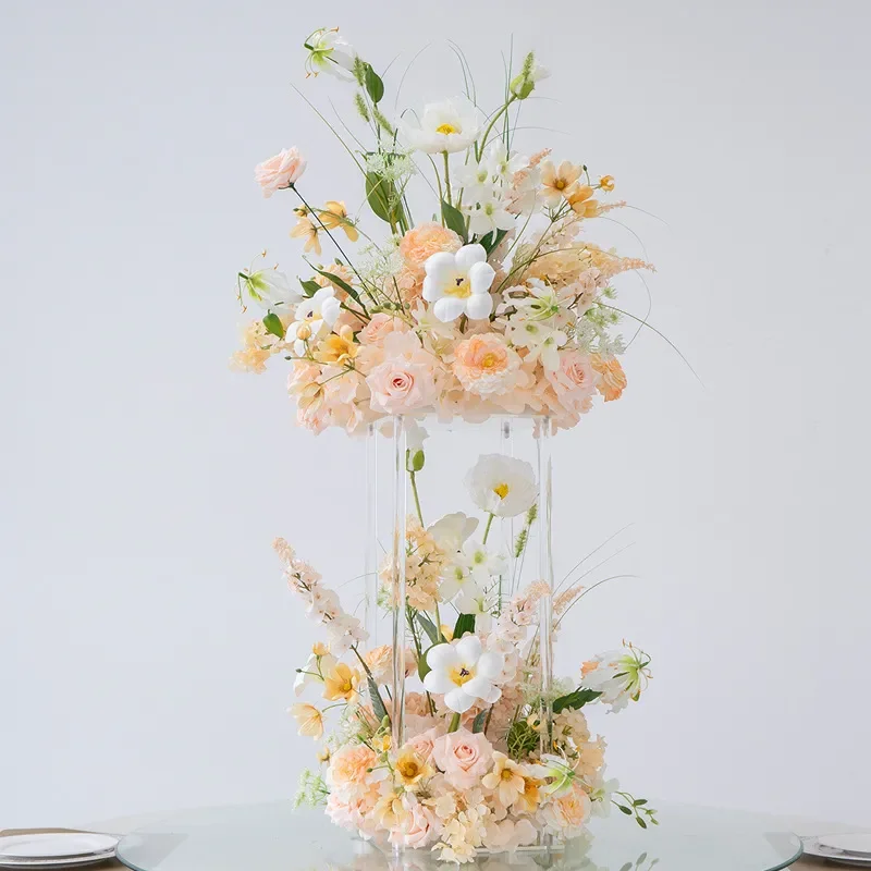 Luxury Acrylic Flower Stand for Hotel Wedding Centerpiece Tall Clear Vase with Artificial Roses Long Table Decoration Elegant