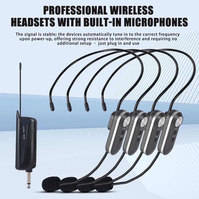 Yamnweo TS-04 Microphone-casque sans fil UHF à 4 canaux, 4 émetteurs et 1 récepteur, micro 2-en-1 à porter sur la tête/à la main, suppression du bruit sur longue portée de 60 m