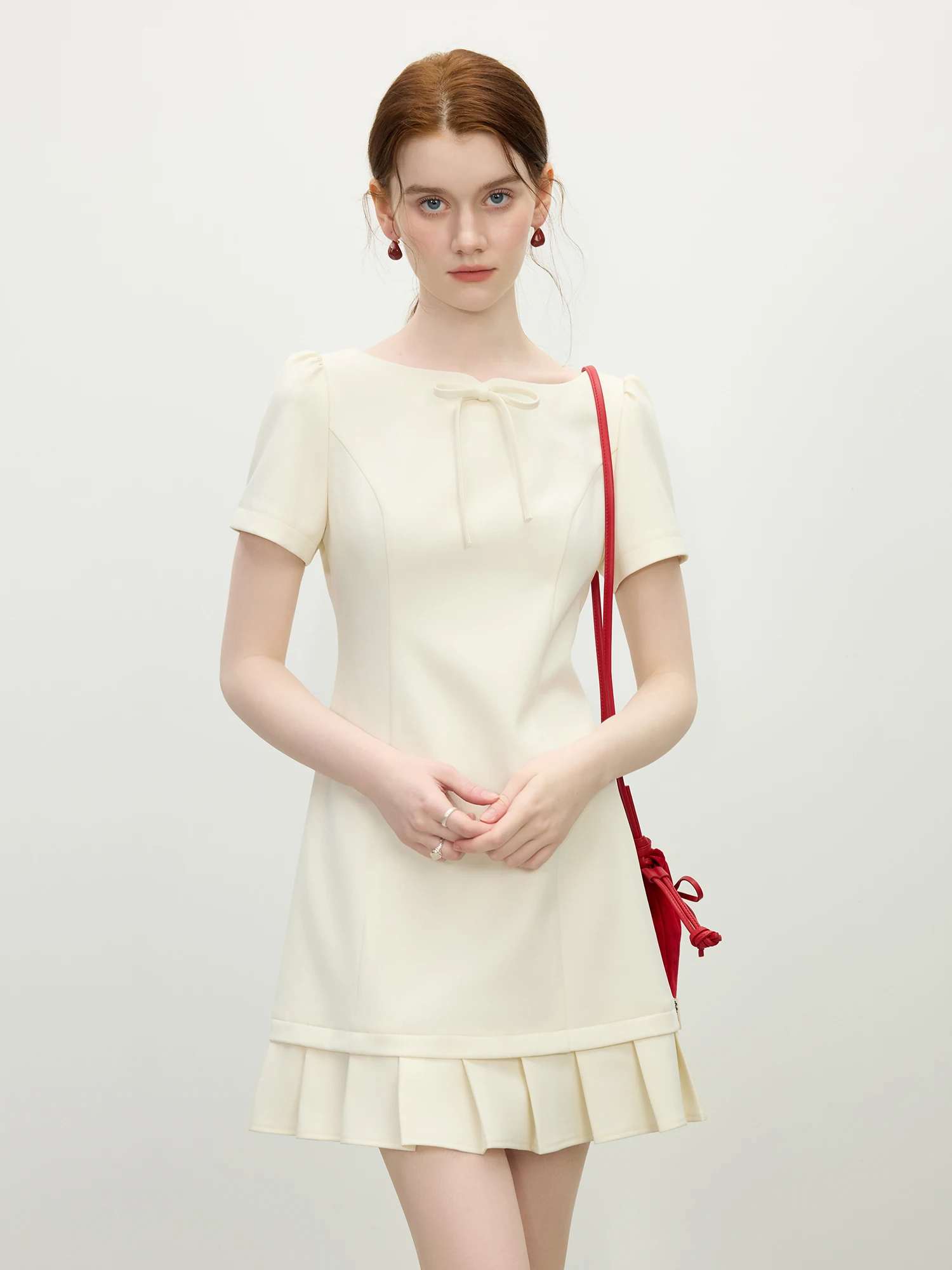 FSLE Women Summer Short Dress Patchwork Pleated Design Short Sleeve Mini Dress Solid Sweet Style Female Dress 25FS12062