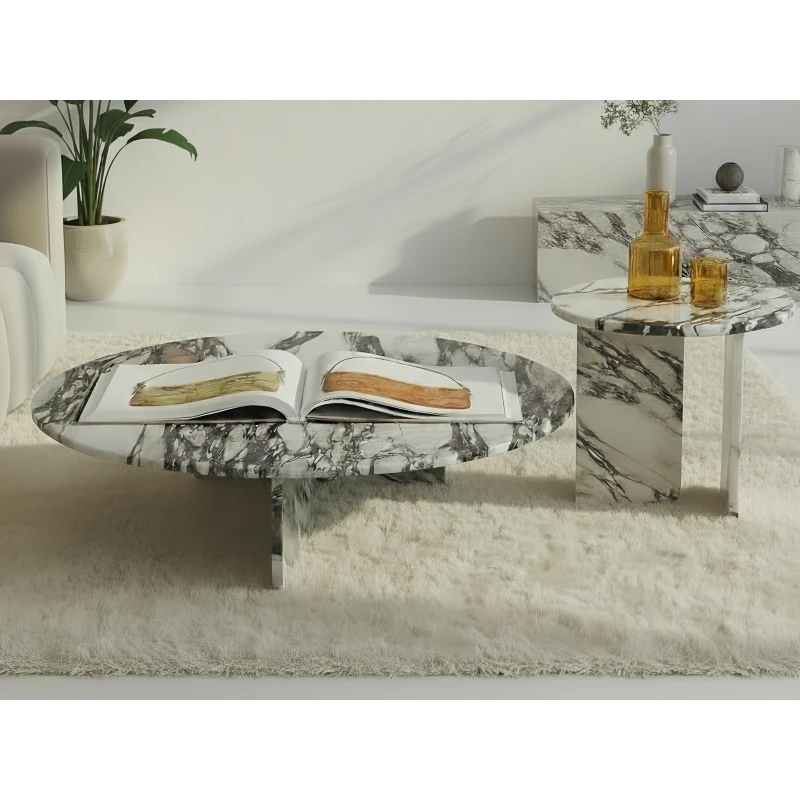 Mesa de Centro de Diseño Nórdico Natural, Mesa de Centro de Lujo con Marco en T y Tapa Redonda de Mármol Calacatta Violeta, Decoración Moderna para el Hogar