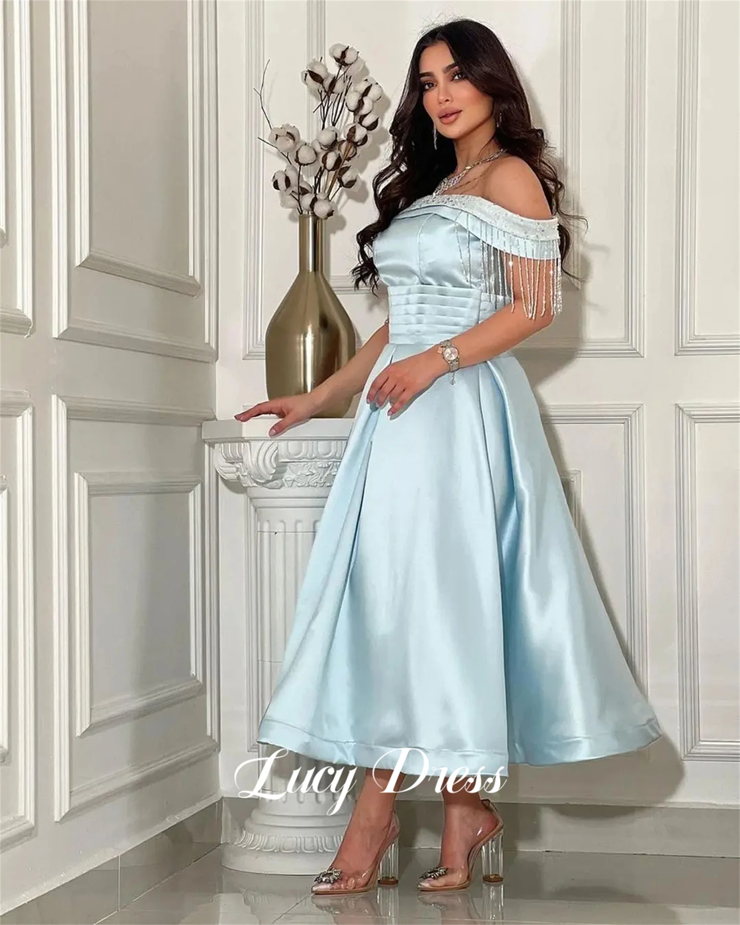 Lucy Satin Line A Eid Dress Sky Blue Graduation Gown Glitter Decoration Formal Occasion Dresses for Special Occasions Evening