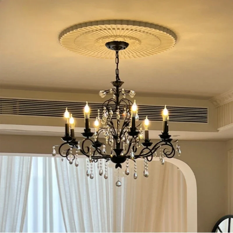 Vintage black crystal candle chandelier European style medieval living room bedroom atmosphere high