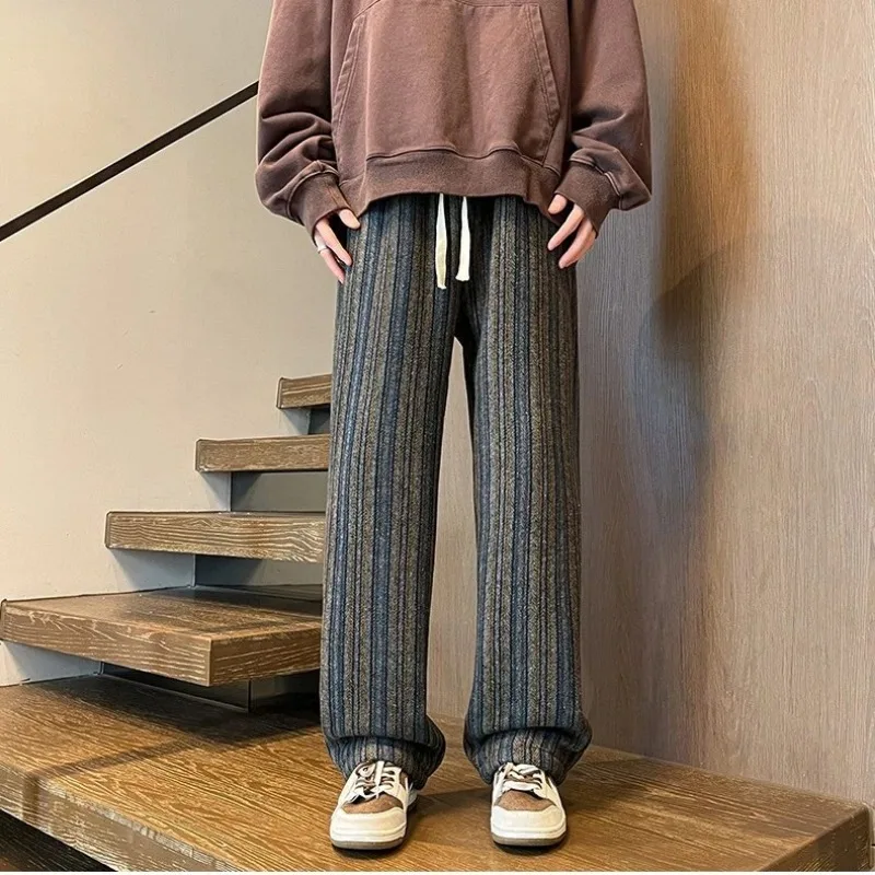 

Полосатые свободные драпированные повседневные брюки для мужчин осень-зима плюс бархатные утолщенные теплые широкие брюки