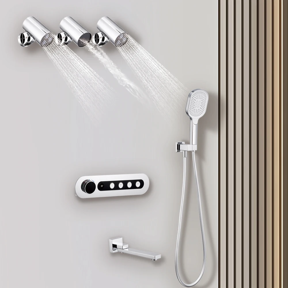 

Высококачественный роскошный скрытый медный полный душевой набор для ванной комнаты, умный термостатический светодиодный цифровой 4-режимный душевой набор с дождевой системой