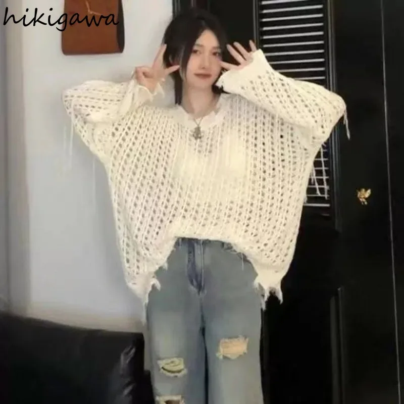 

Thin Long Sleeve Sweater Women's Clothing Loose Casual Jumper Korean Chic Sueter Mujer Knitted Hollow Out Tassel Pullovers Tops