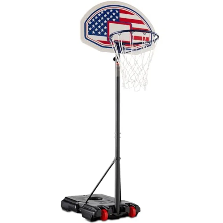 

height-adjustable basketball hoop for outdoor use, durable polyethylene backboard, red and blue color scheme, portable with 2 w