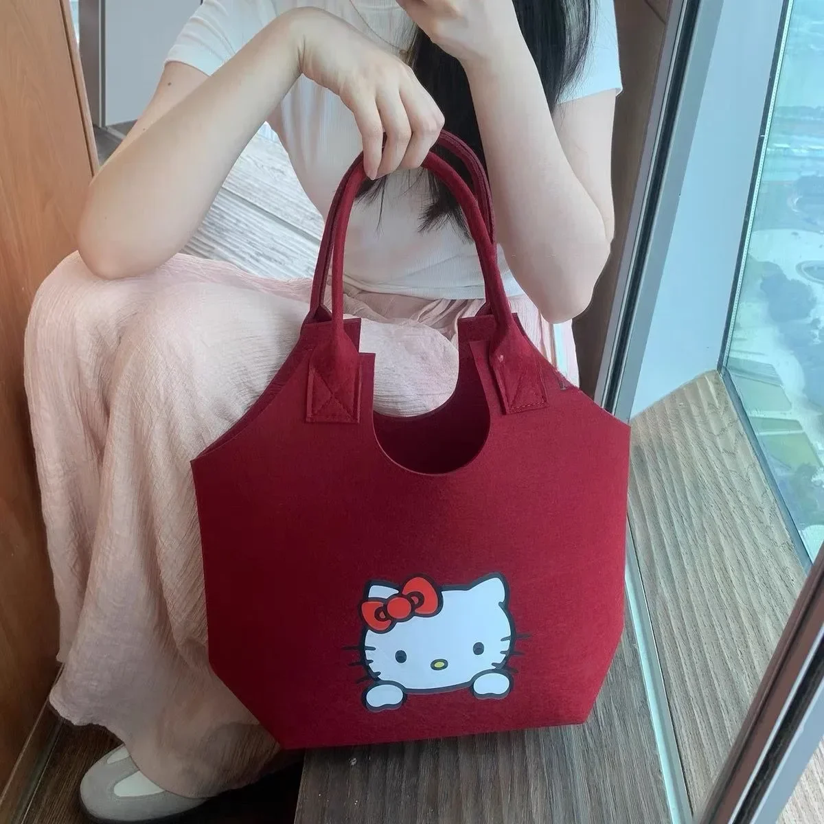 Hello Kitty Tote Bag Miniso Portable Shoulder Bag Large Capacity Travel Shopping Storage Handbag