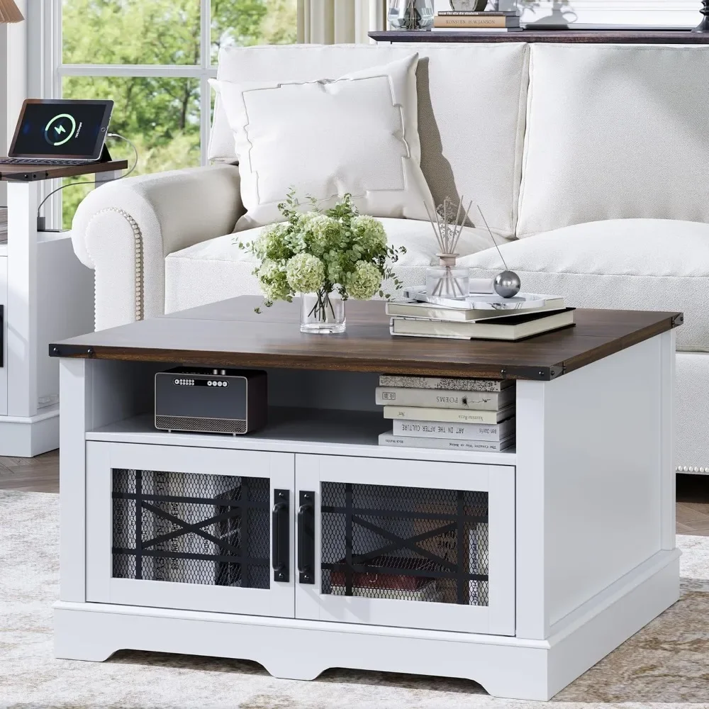 

Square Table, Farmhouse Coffee Tables for Living Room, Wood Coffee Table with Storage, White Coffee Table with Hidden