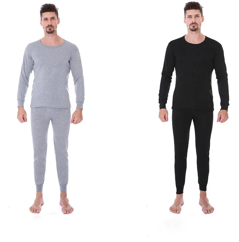 Two Sets Of Fall And Winter Men\'s Thermal Padded Thickened Solid Color Fall Clothes  Bottoming Round Neck Winter Underwear Set