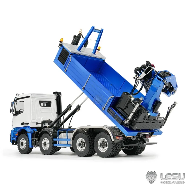 8x8 1/14 LESU 2Speed RC Hydraulic Roll On off Dumper Truck Crane Model Metal Chassis Electric Tipper 2+7CH Valve Axles Lock Cars