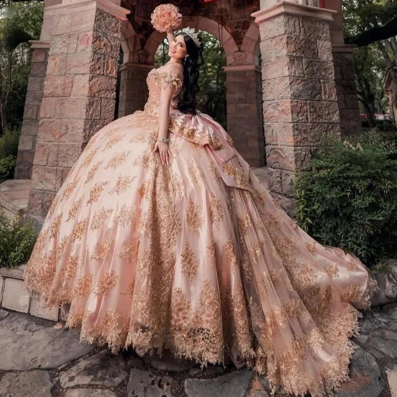 

Розовое золото с открытыми плечами, платья Quinceanera, бальное платье без рукавов, Ral, аппликации, кружево, ручная работа, милая 15-летняя праздничная одежда