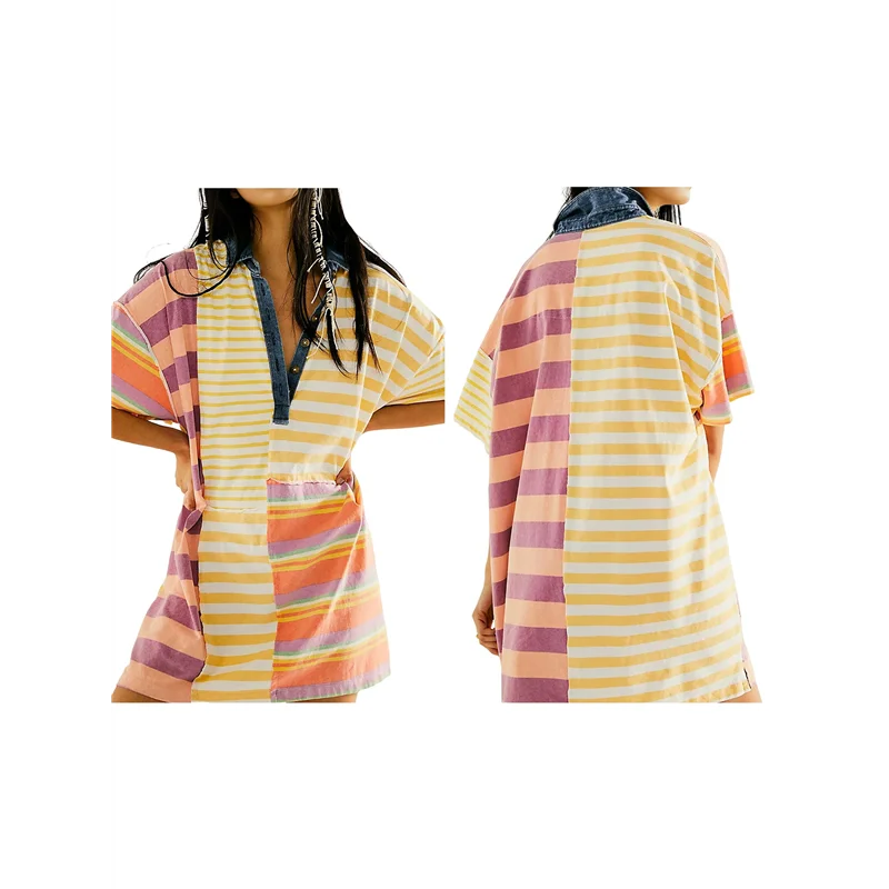 A83F-Women Contrast Striped Babydoll Y2k Summer Patchwork T- Shirt Dress Vintage V Neck Short Sleeve Dress