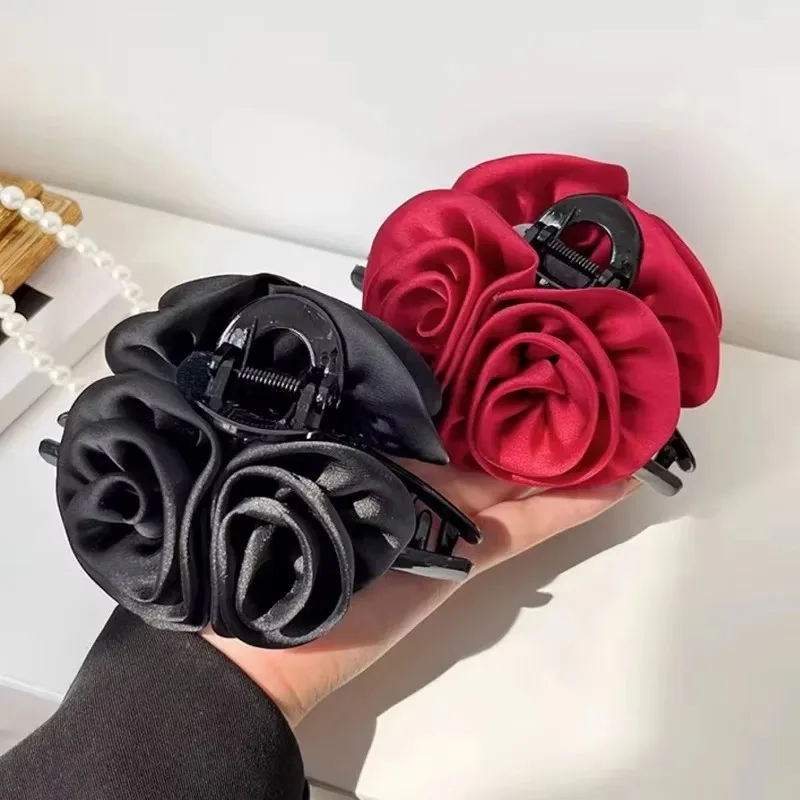 French Big Double Rose Flower Hair Claw Clips for Women Girls Vintage Satin Solid Fabric Handmade Shark Hairgrip Accessories New