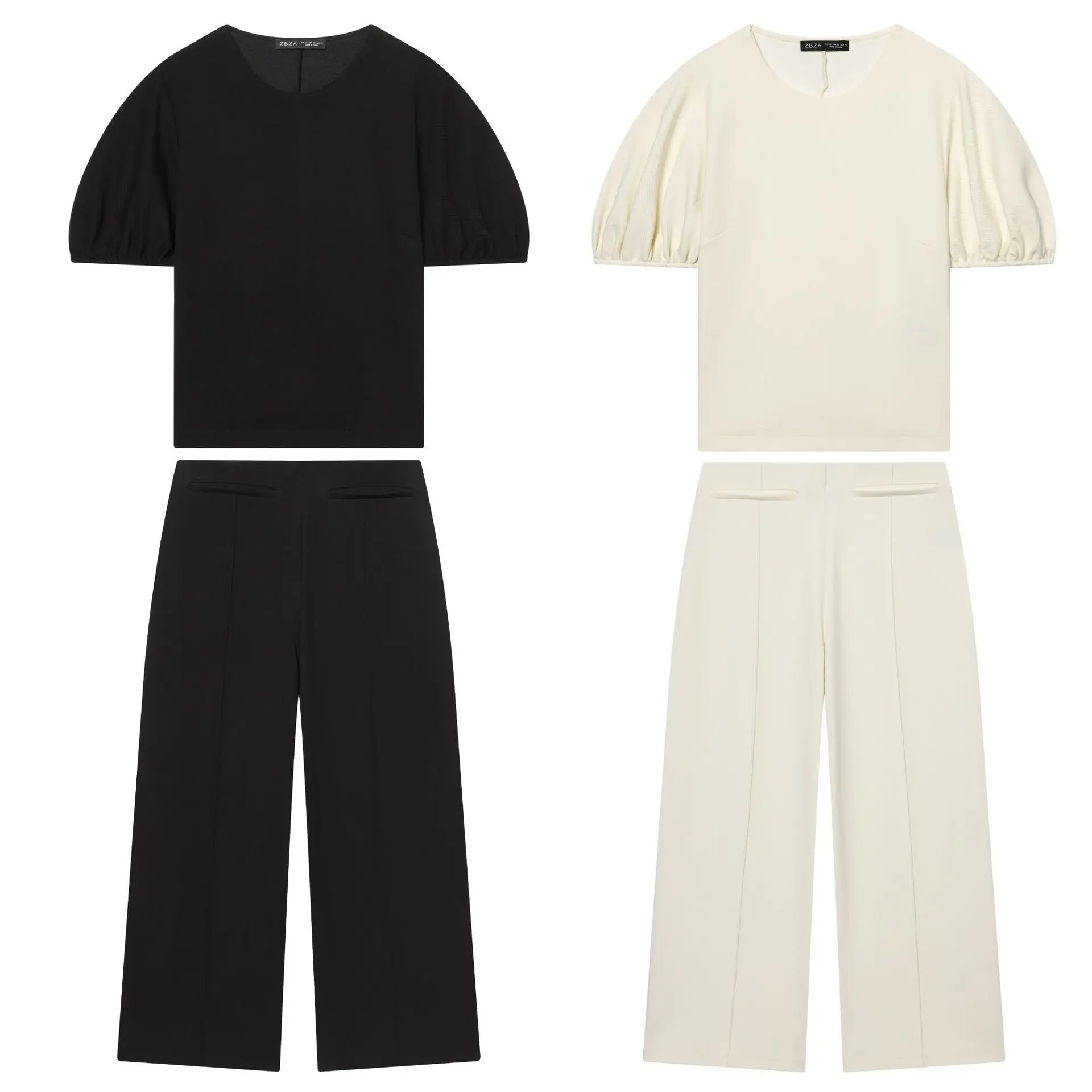 Cross-Border round Neck Bubble Sleeve Top Wide Leg Pants Set Women's Fashion Organic Cotton Casual All-Match  Color