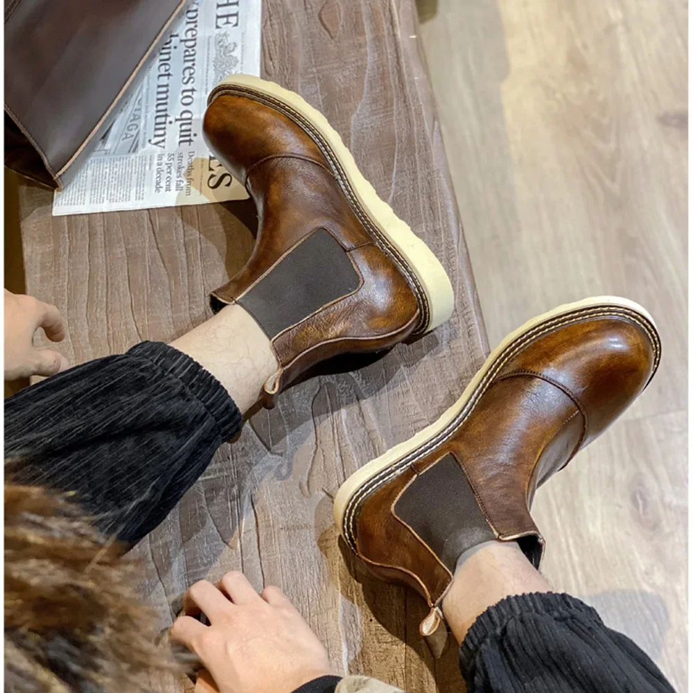 Męskie buty Chelsea z prawdziwej skóry w stylu retro, wysokie skórzane buty robocze, outdoorowe buty na platformie, botki westernowe, elastyczne oksfordy.
