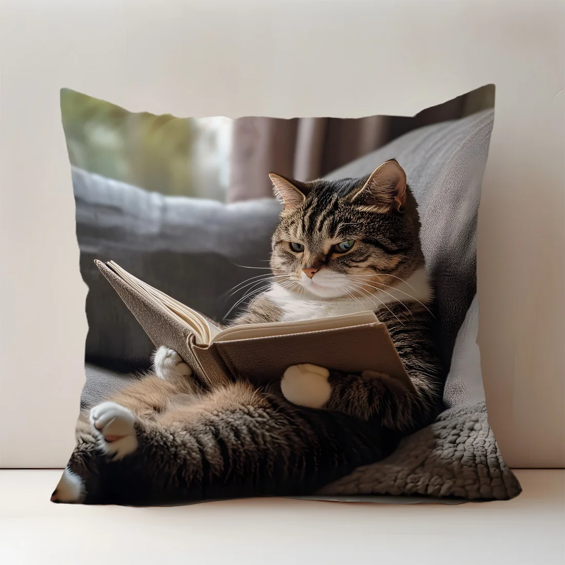 Healing Cat Pillow Cover Reading Drinking Coffee Printing Sofa Scene Warm Home Living Room Cushion Cover Sofa Car Decor Gifts