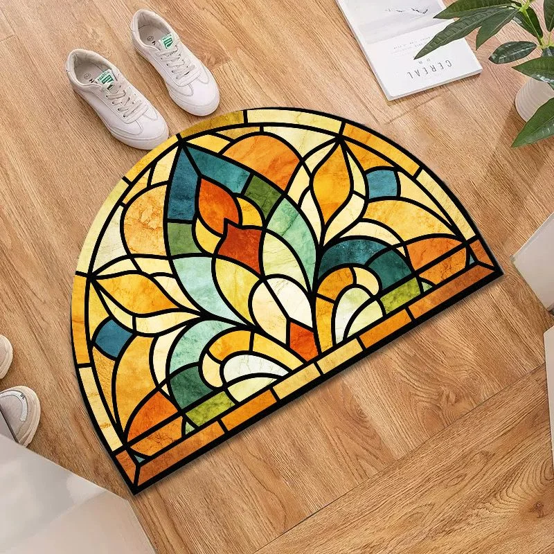 VIKAMA Retro Stained Glass Semi-Circle Mat, Yellow Teal Tiffany Floral Non-slip Bathroom Rug