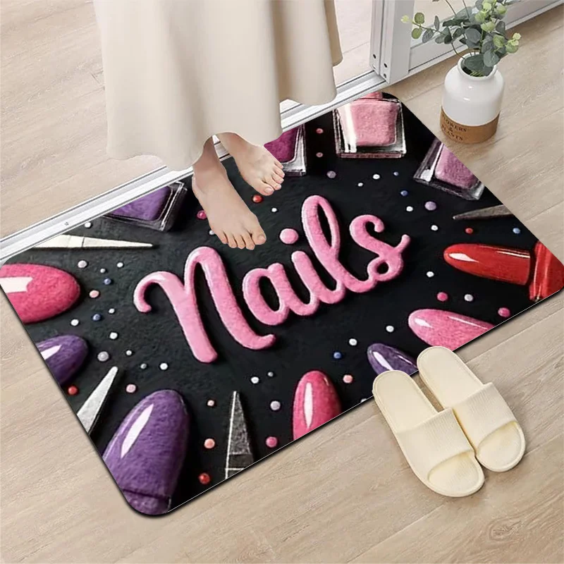 2D Flat Pink Nails Polish Bottles Black Background Flannel Door Mat Non Slip Beauty Salon Rug For Entryway Bathroom Floor Decor