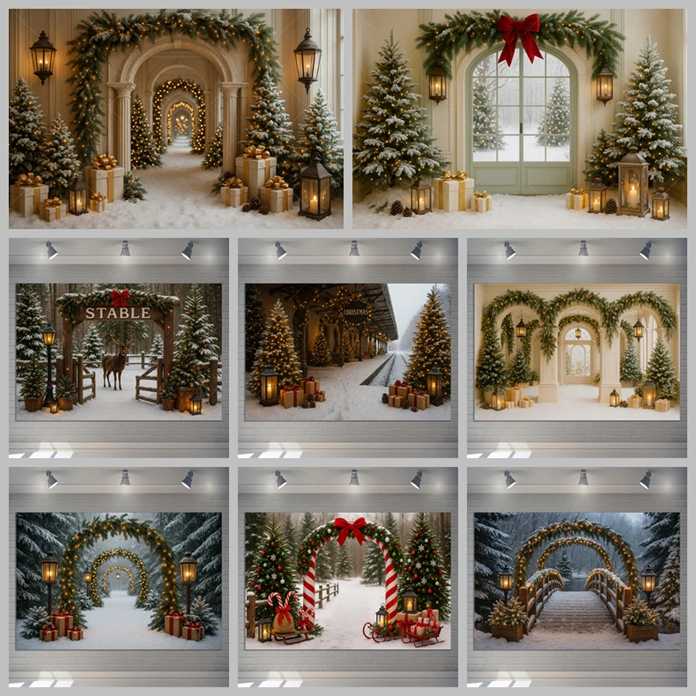 

2025 Winter Christmas Decoration Background Snow Glitter Arch Christmas Tree Red Bow Holiday Family Party Photography Banner